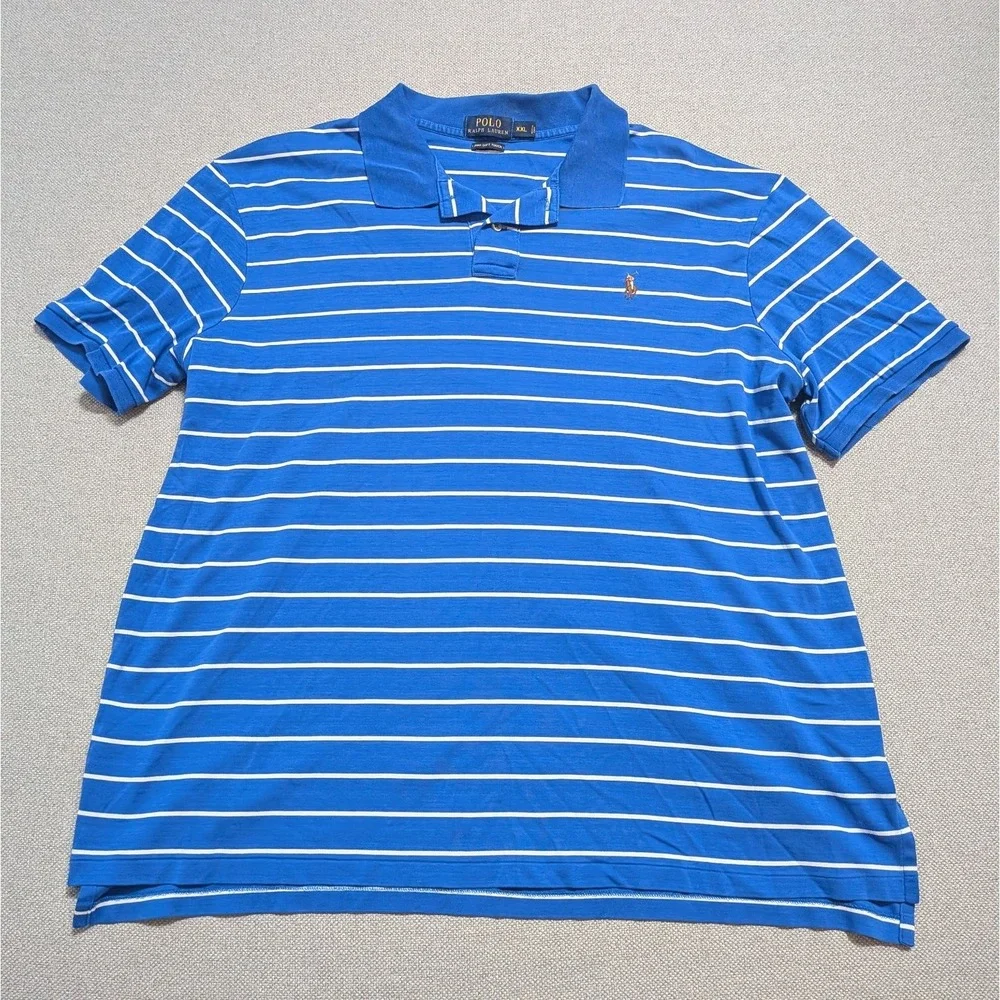 Polo Ralph Lauren Men's Blue White Striped Polo Shirt XXL Pima Soft Touch Pony